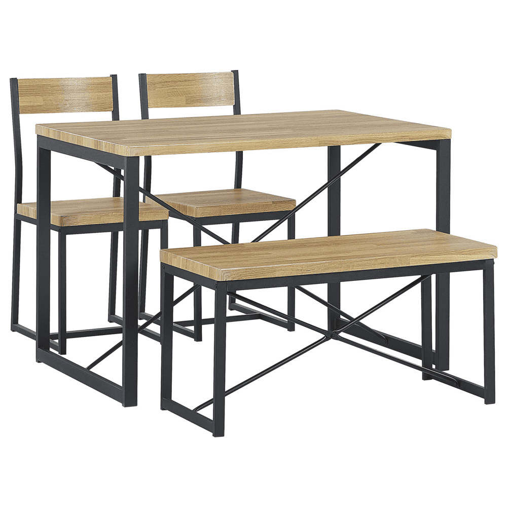 Beliani Jedálenská súprava jedálenský stôl 2 stoličky a lavice svetlé drevo s čiernou FLIXTON